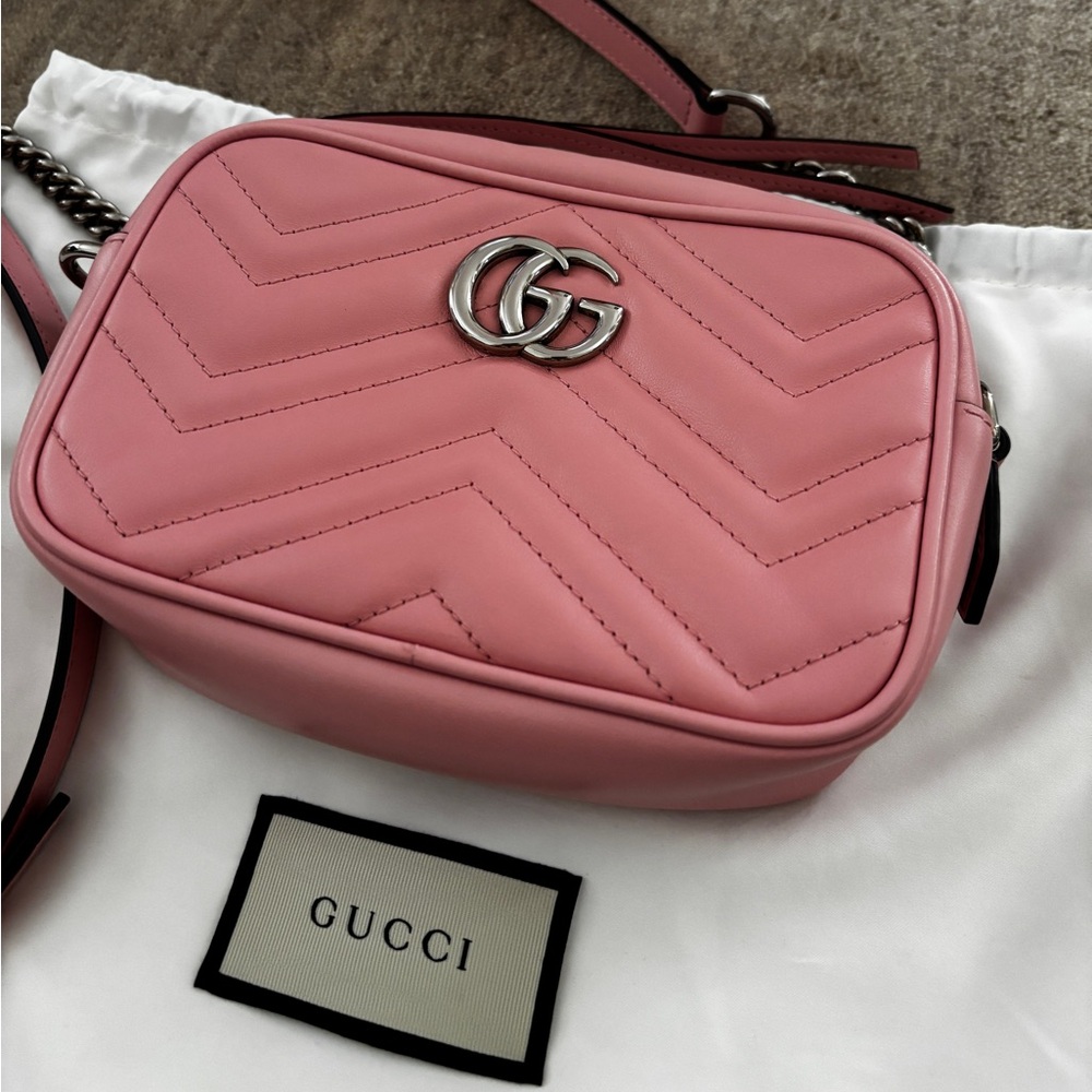 Gucci GG Marmont Small Camera Bag Blush Pink Matelassé Leather Silver Hardware
